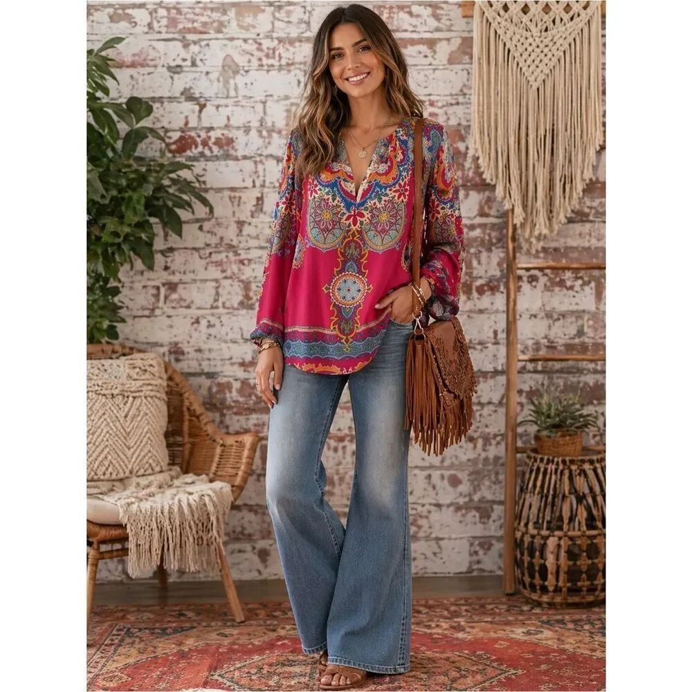 Hale Bob Multicolor Paisley-Print Peasant Blouse